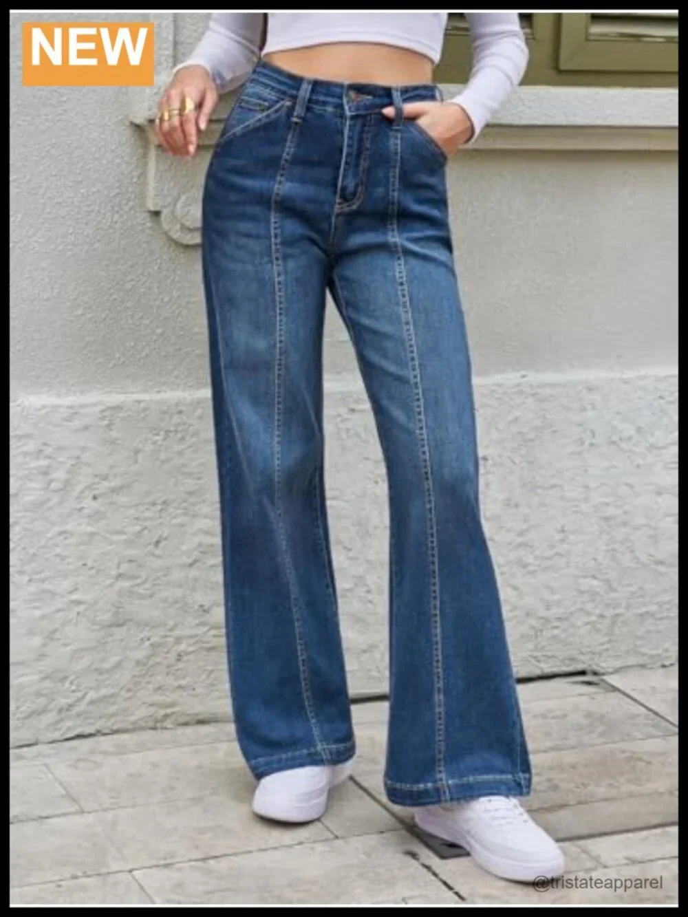 High Waisted Wide Leg Baggy Jeans with Pockets Front Seam Stretch Denim